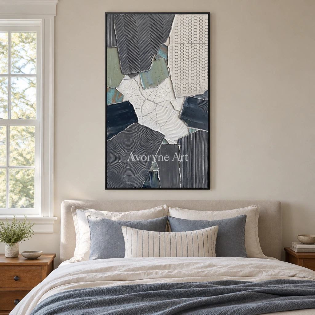 Mineral Memory muted patchwork texture wall art with a black frame above a bed in a bedroom