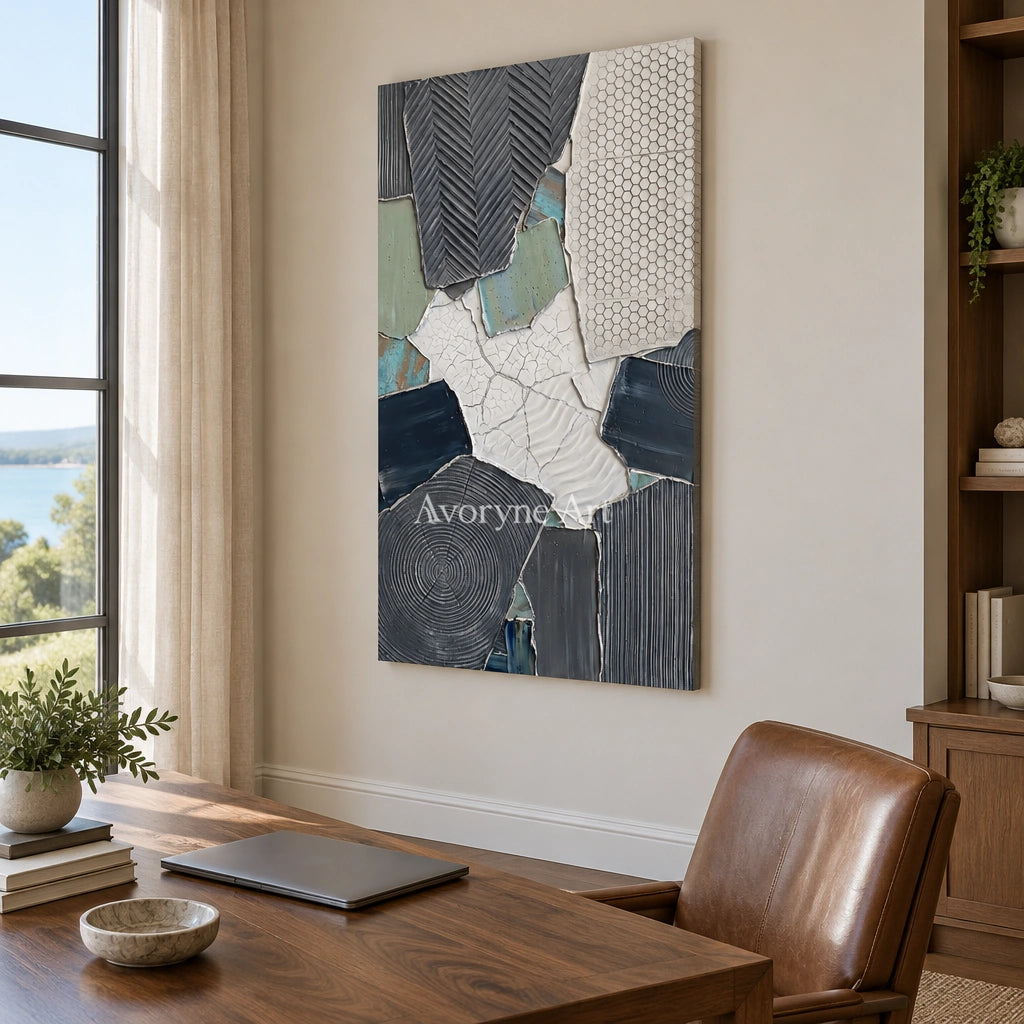 Mineral Memory muted patchwork texture wall art as a frameless stretched canvas in a home office