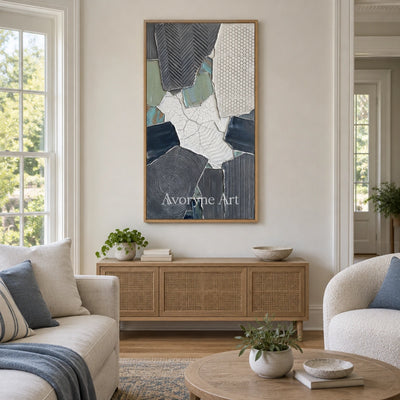 Mineral Memory muted patchwork texture wall art with a wood frame in a villa living space