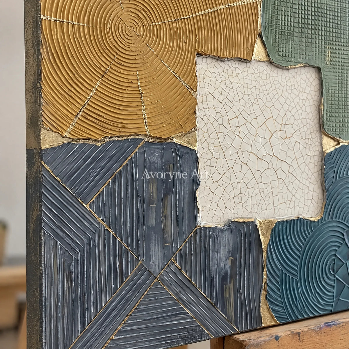 Close-up of the hand-painted texture of Still Field muted patchwork texture wall art on an easel