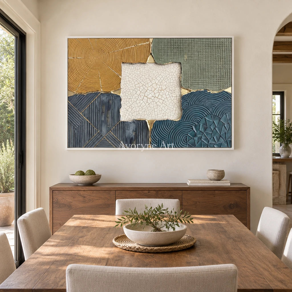 Still Field muted patchwork texture wall art with a white frame in a dining room
