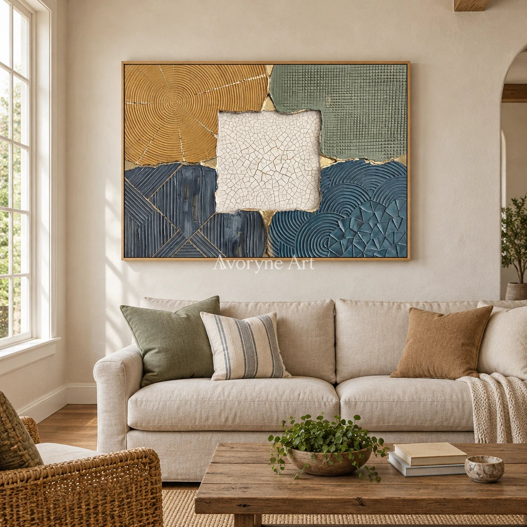 Still Field muted patchwork texture wall art with a wood frame in a villa living space