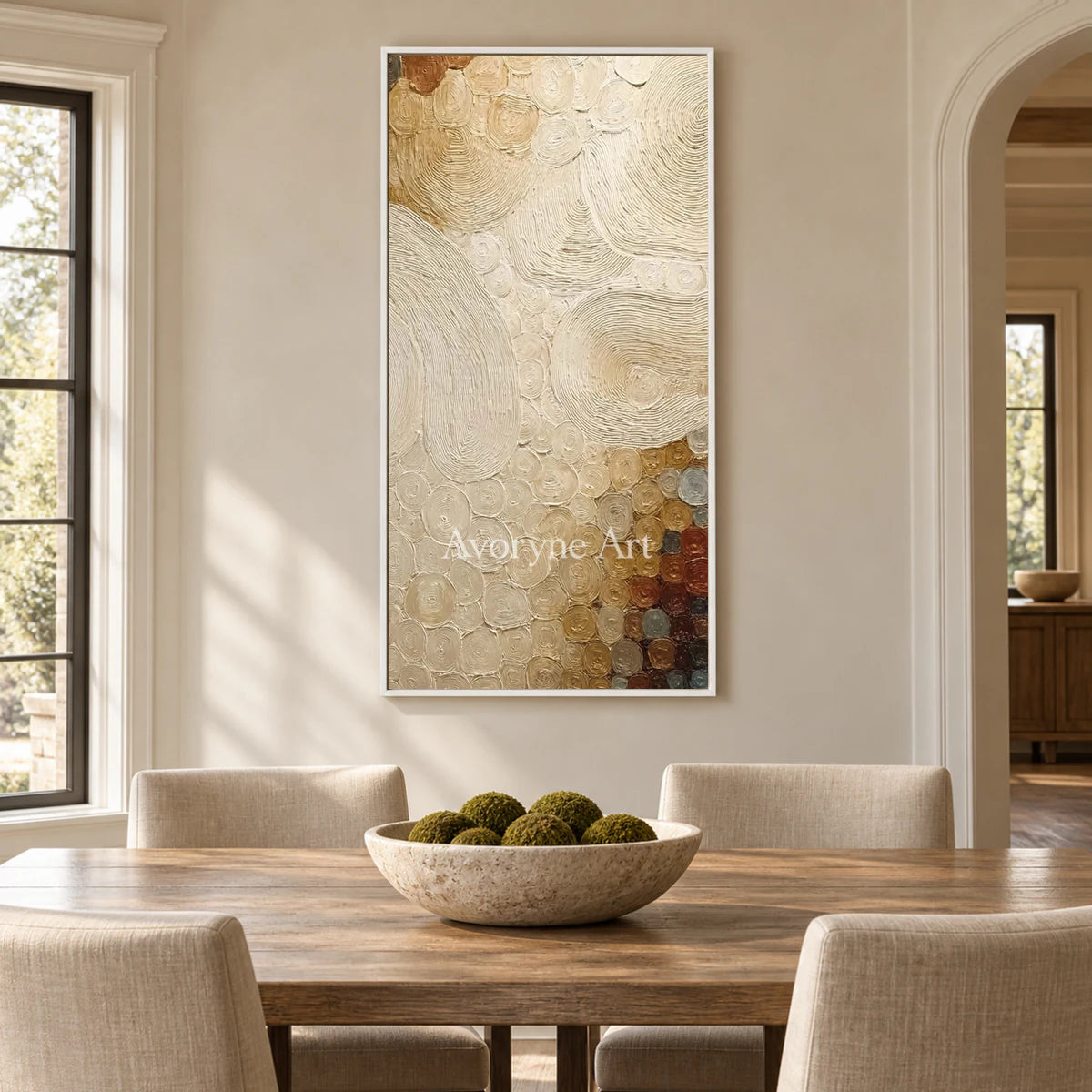 A Narrow Constellation: Narrow Beige Textured Abstract Wall Art — dining white