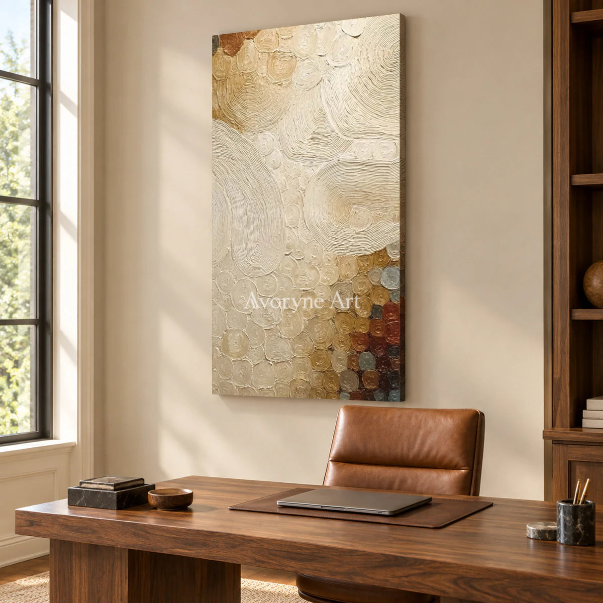 A Narrow Constellation: Narrow Beige Textured Abstract Wall Art — office frameless