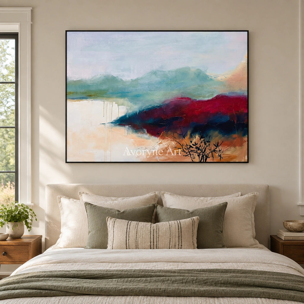 Blue Dialogue nature brushwork wall art with a black frame above a bed in a bedroom