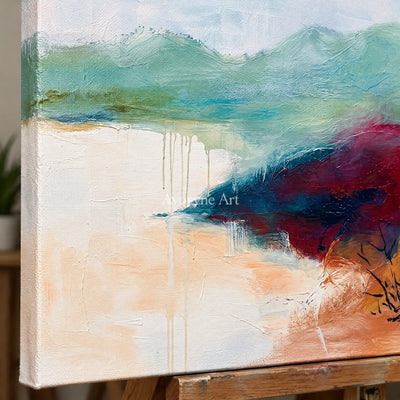 Close-up of the hand-painted texture of Blue Dialogue nature brushwork wall art on an easel