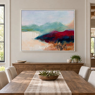 Blue Dialogue nature brushwork wall art with a white frame in a dining room