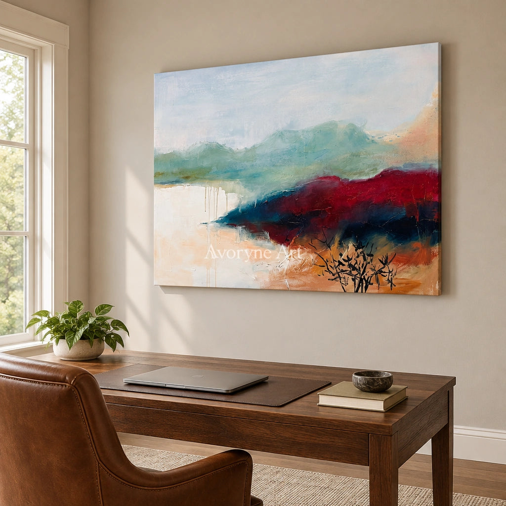 Blue Dialogue nature brushwork wall art as a frameless stretched canvas in a home office