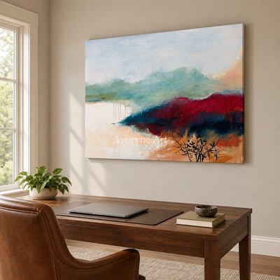 Blue Dialogue nature brushwork wall art as a frameless stretched canvas in a home office