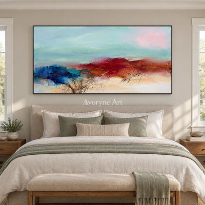 Pale Cadence nature brushwork wall art with a black frame above a bed in a bedroom