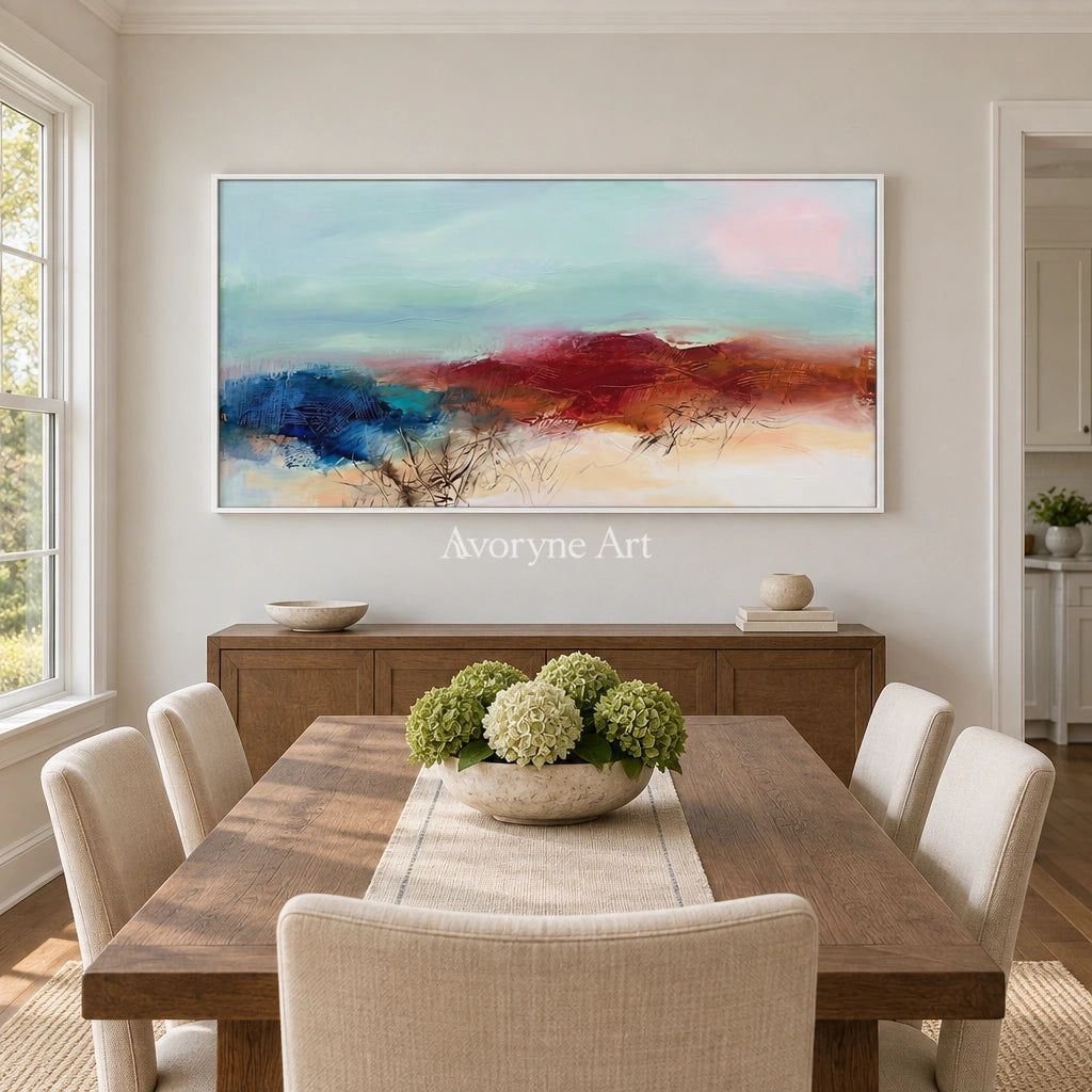 Pale Cadence nature brushwork wall art with a white frame in a dining room