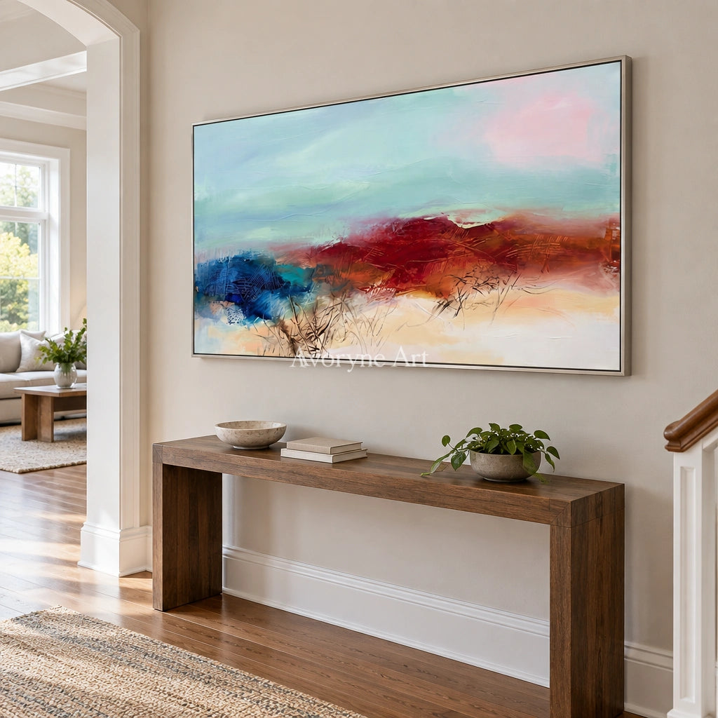 Pale Cadence nature brushwork wall art with a silver frame in an entryway