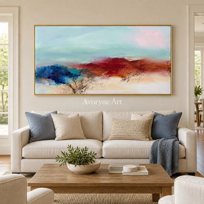Pale Cadence nature brushwork wall art with a gold frame hanging in a living room