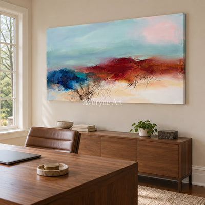 Pale Cadence nature brushwork wall art as a frameless stretched canvas in a home office