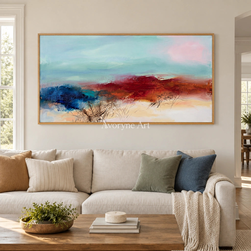 Pale Cadence nature brushwork wall art with a wood frame in a villa living space