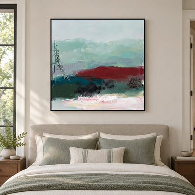 Pale Horizon nature brushwork wall art with a black frame above a bed in a bedroom