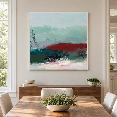Pale Horizon nature brushwork wall art with a white frame in a dining room