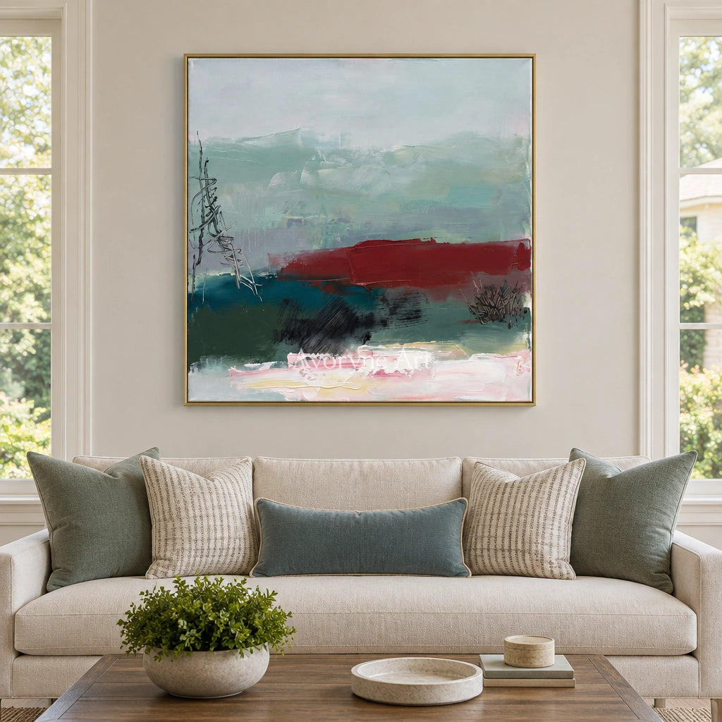 Pale Horizon nature brushwork wall art with a gold frame hanging in a living room