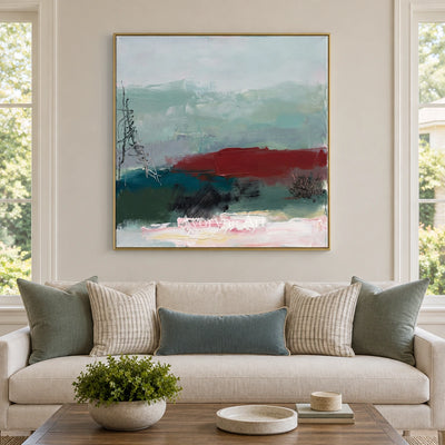 Pale Horizon nature brushwork wall art with a gold frame hanging in a living room