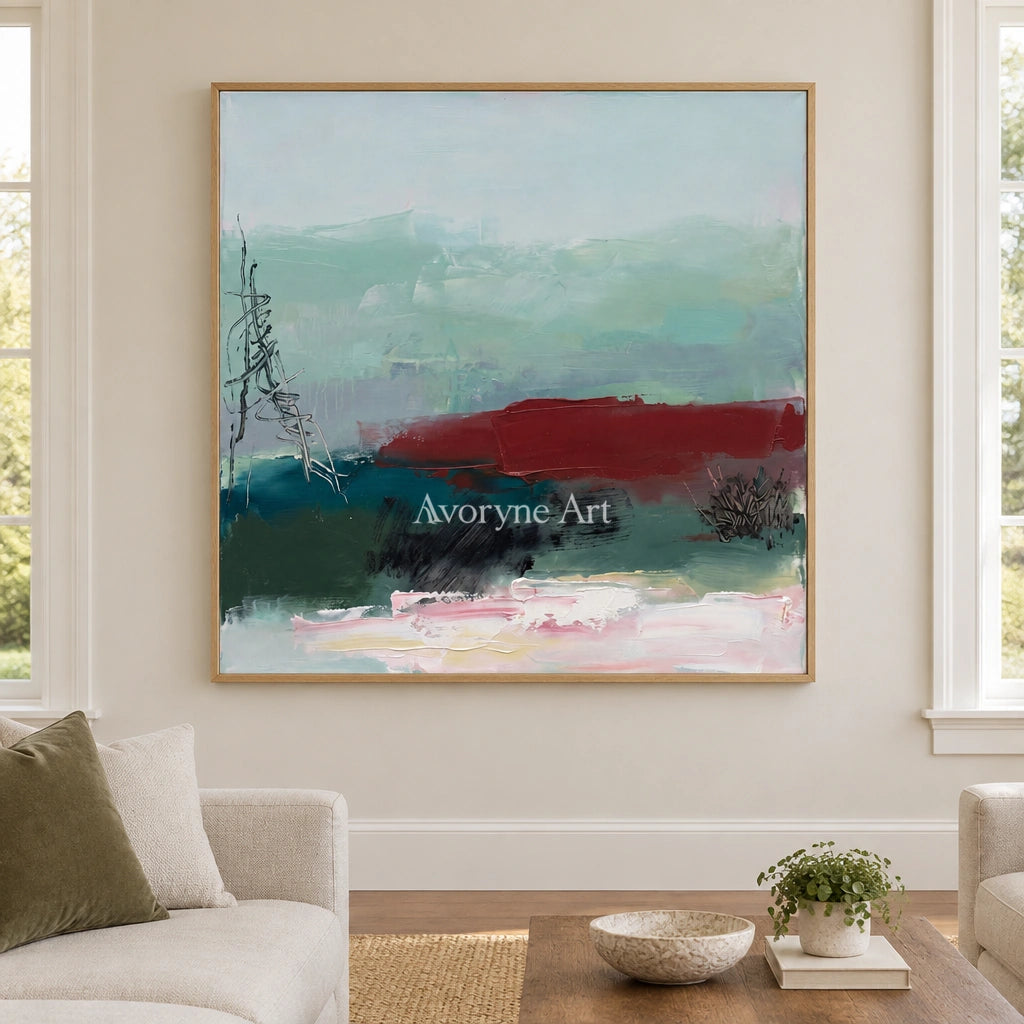 Pale Horizon nature brushwork wall art with a wood frame in a villa living space