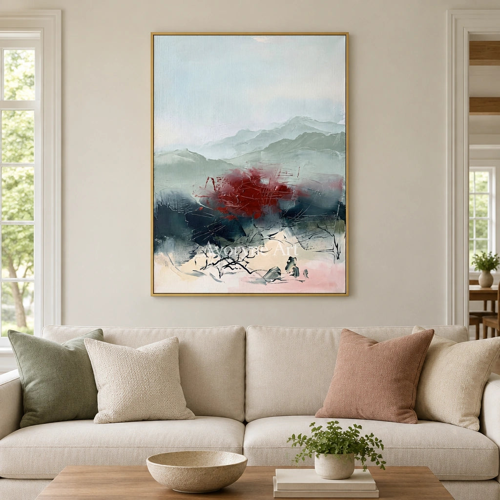 Pale Memory nature brushwork wall art with a gold frame hanging in a living room