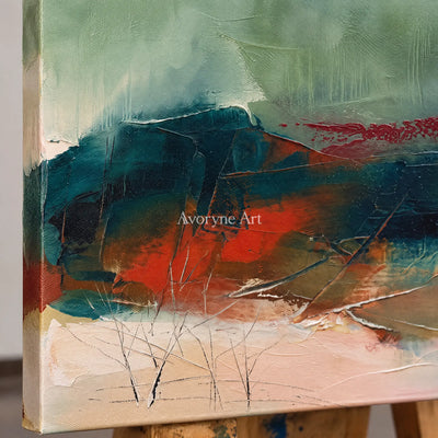 Close-up of the hand-painted texture of Pale Vista nature brushwork wall art on an easel