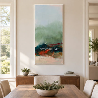 Pale Vista nature brushwork wall art with a white frame in a dining room