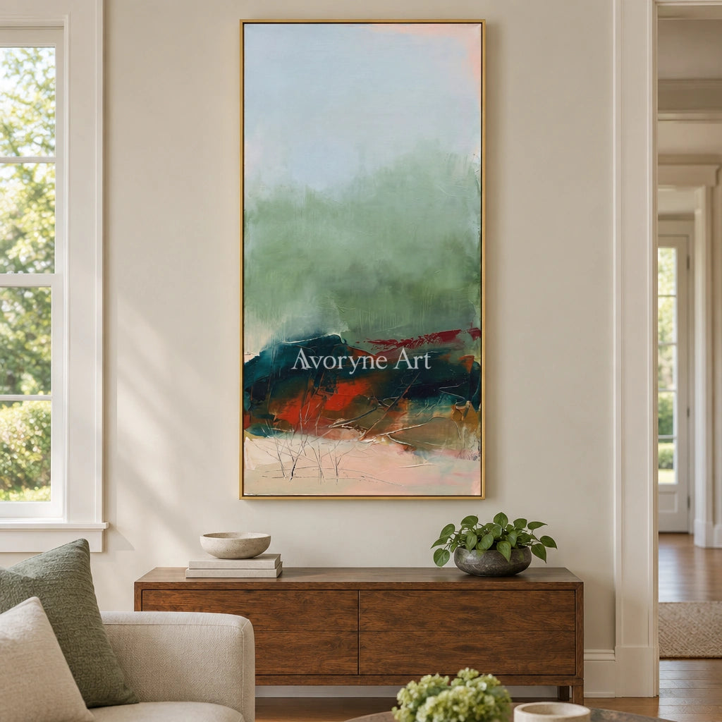 Pale Vista nature brushwork wall art with a gold frame hanging in a living room