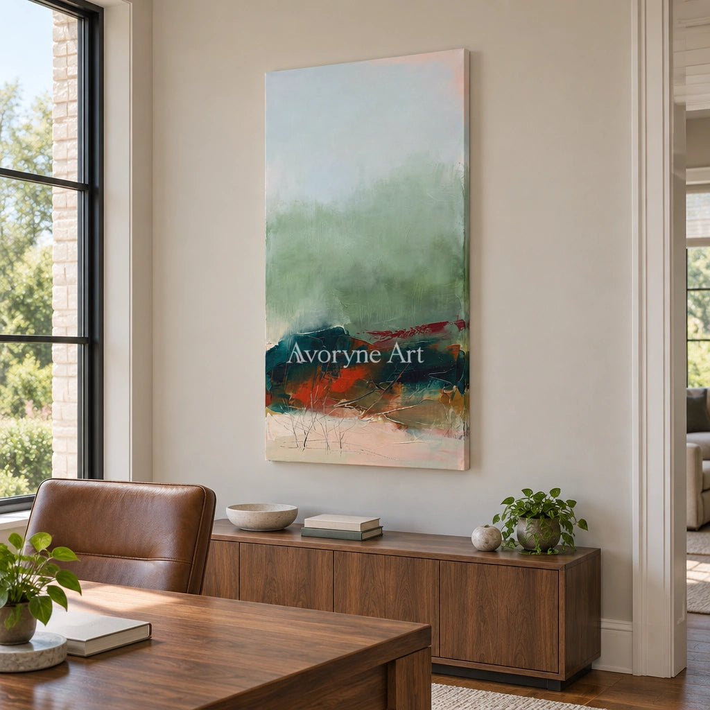 Pale Vista nature brushwork wall art as a frameless stretched canvas in a home office