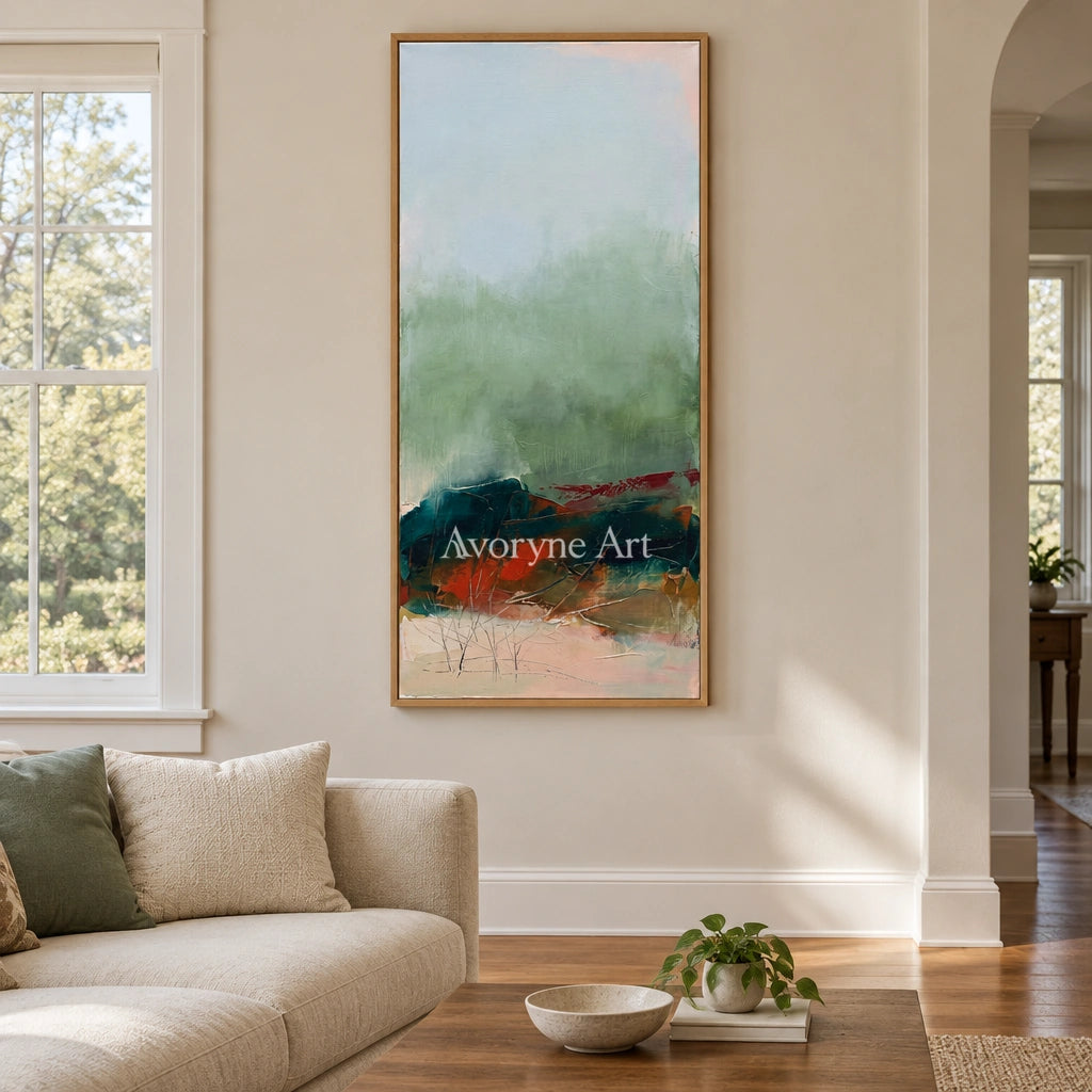 Pale Vista nature brushwork wall art with a wood frame in a villa living space