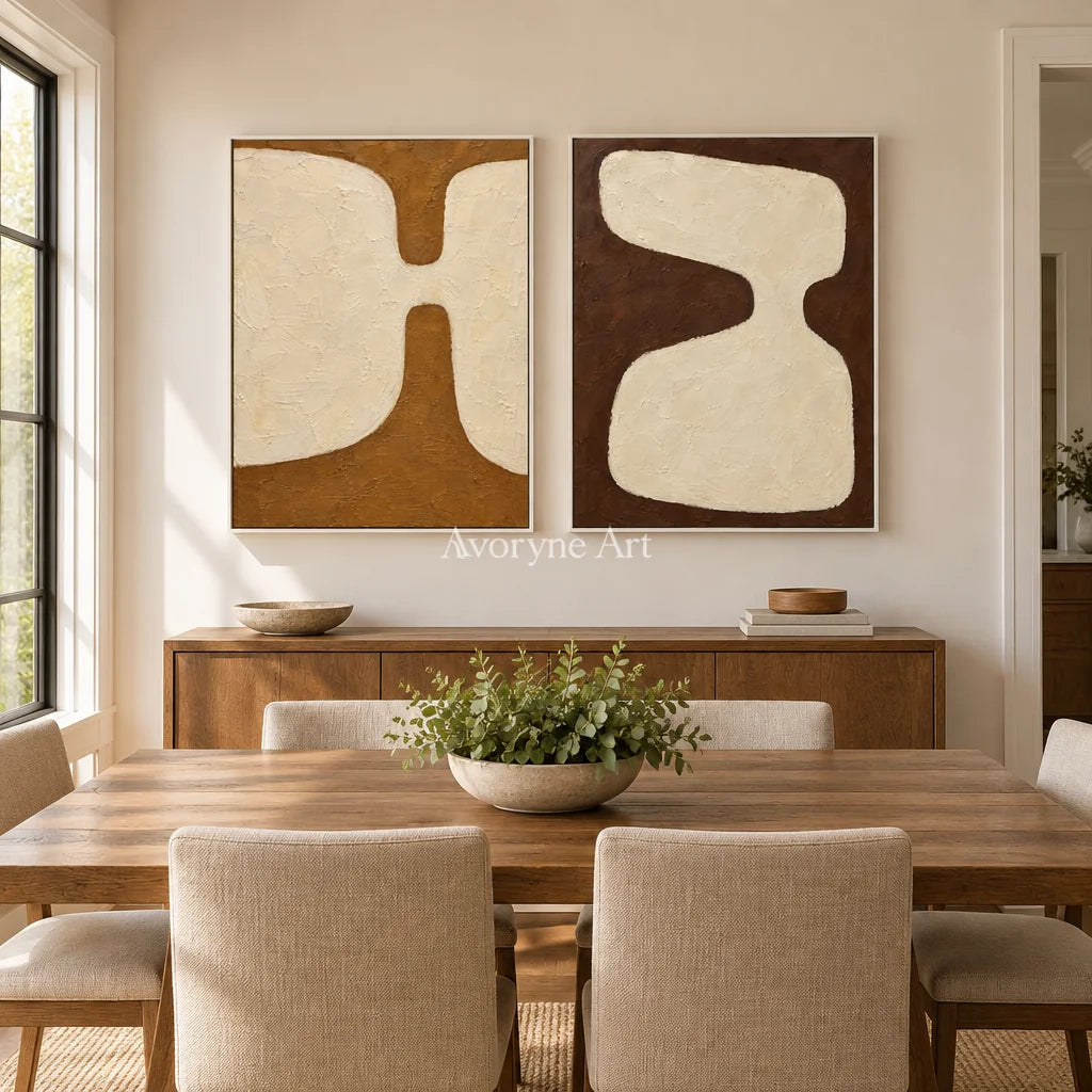 Earth Echoes: Neutral Abstract Diptych Wall Art — dining white