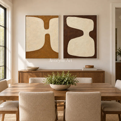 Earth Echoes: Neutral Abstract Diptych Wall Art — dining white