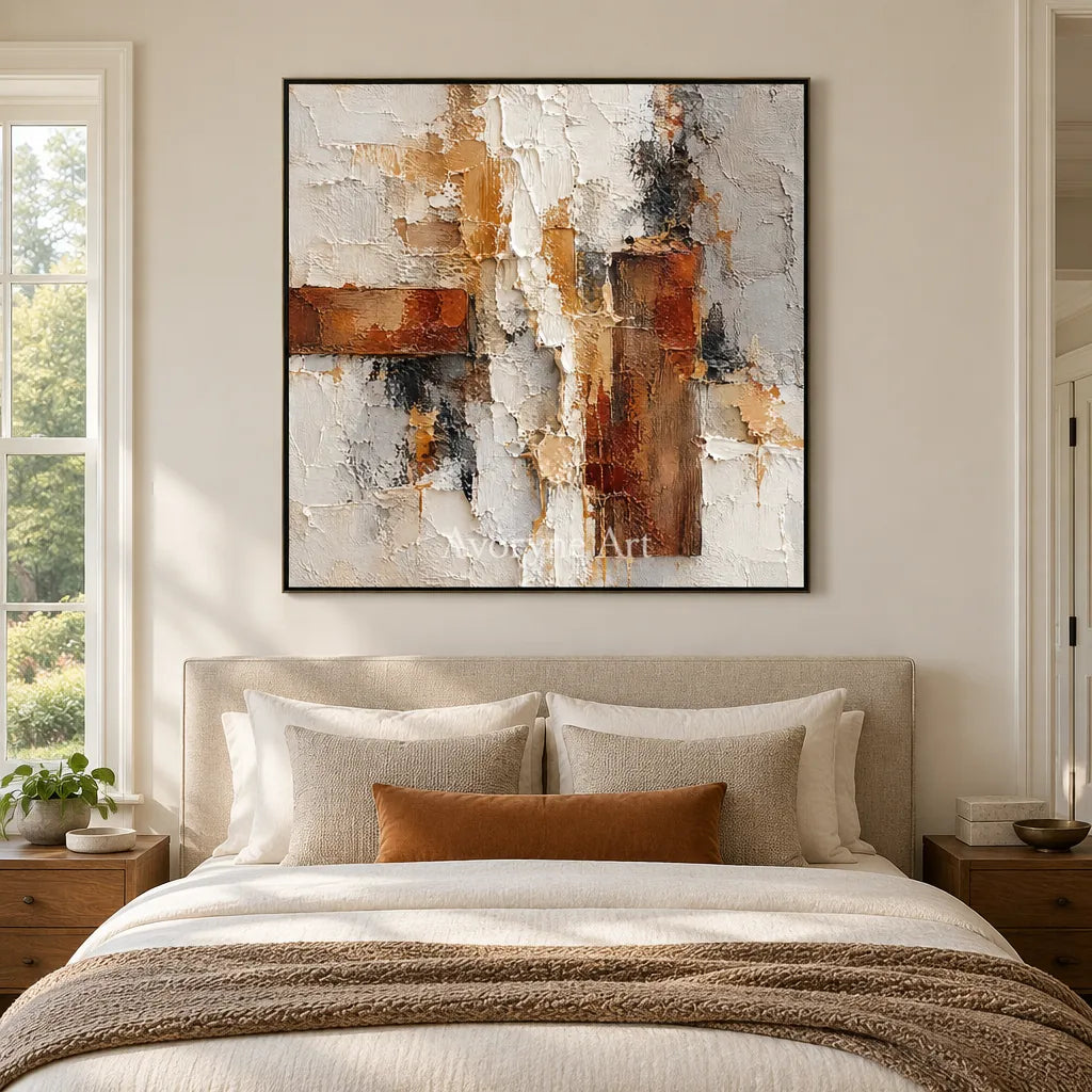 Rust and Chalk: Neutral Abstract Impasto Wall Art — bedroom black