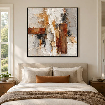 Rust and Chalk: Neutral Abstract Impasto Wall Art — bedroom black