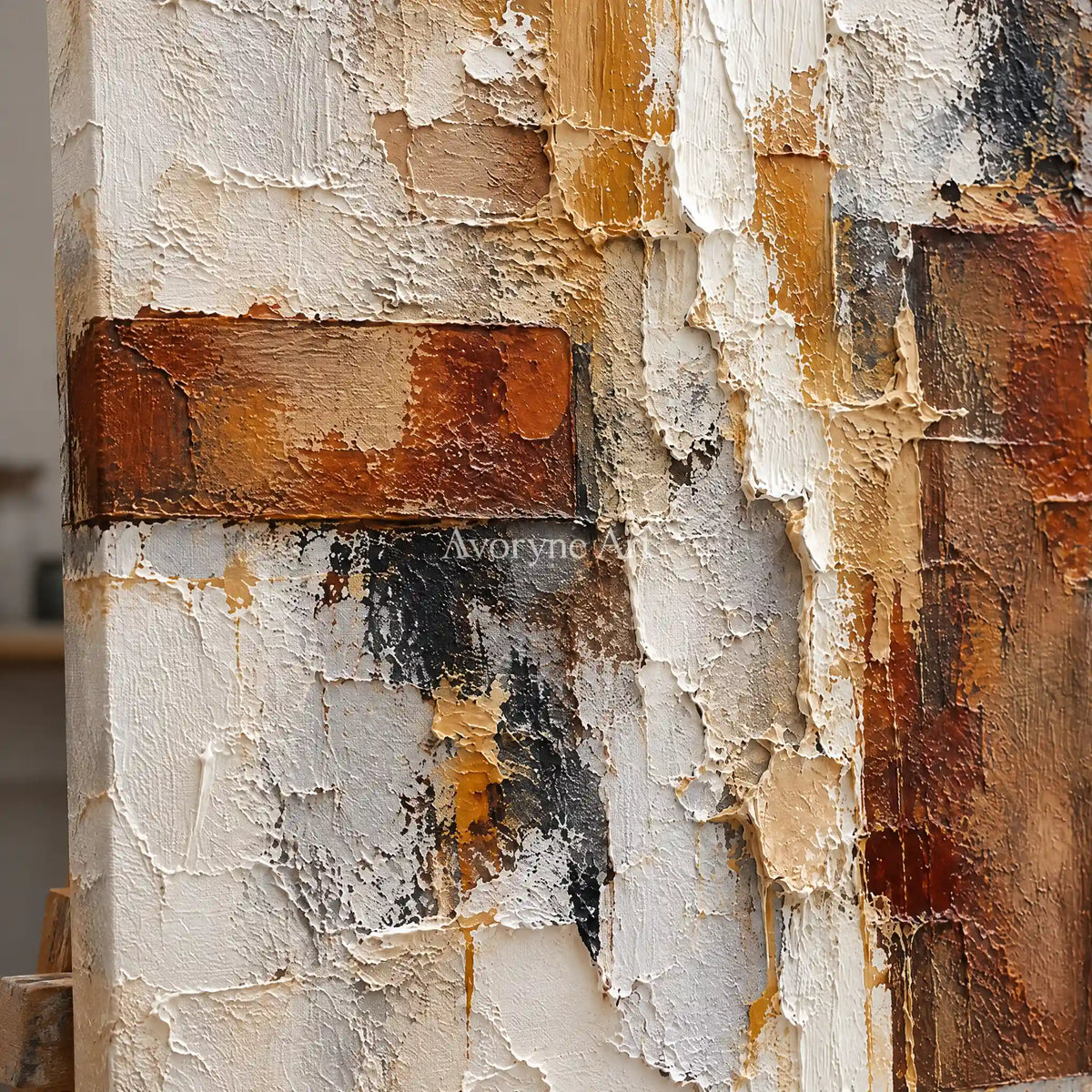 Rust and Chalk: Neutral Abstract Impasto Wall Art — detail easel