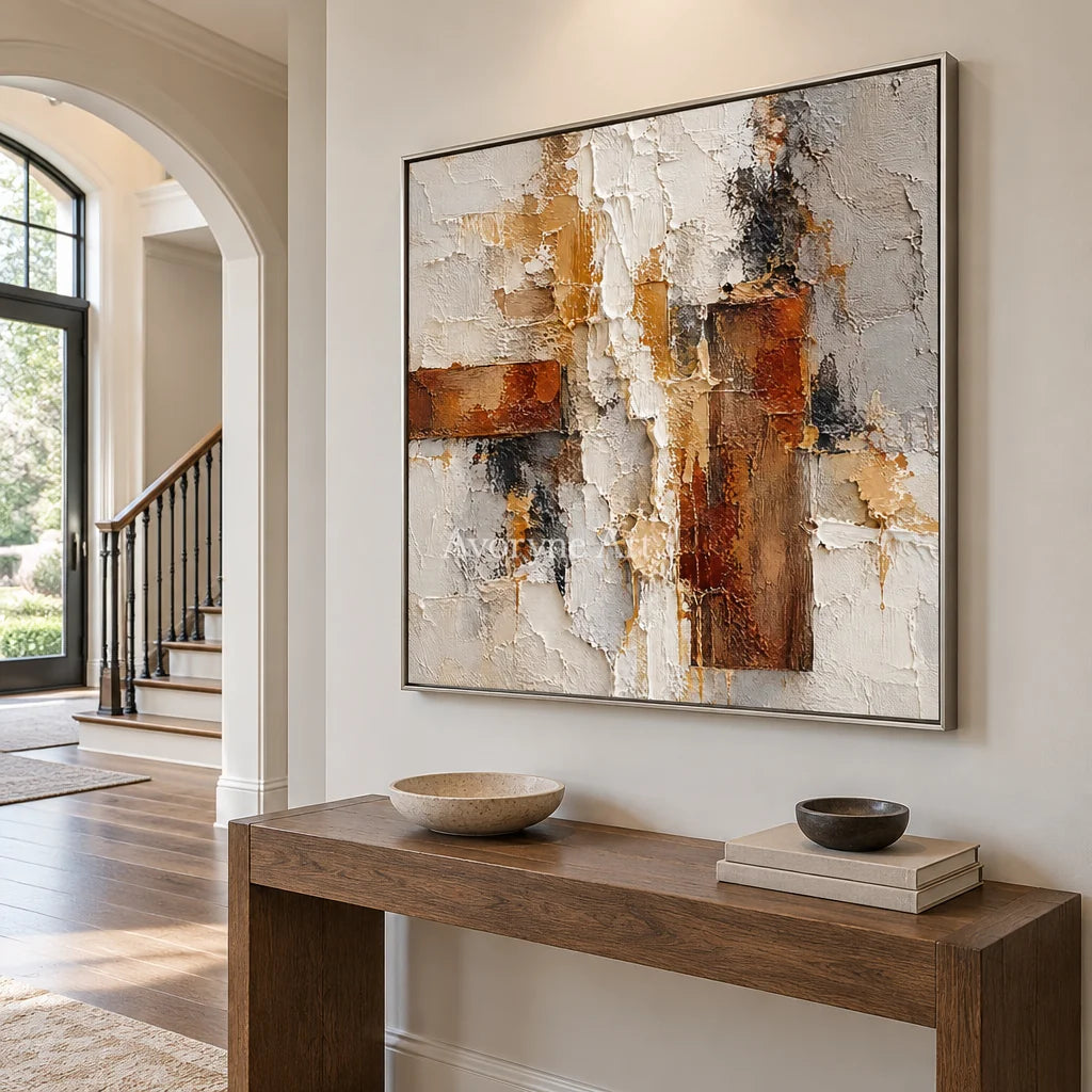 Rust and Chalk: Neutral Abstract Impasto Wall Art — entry silver