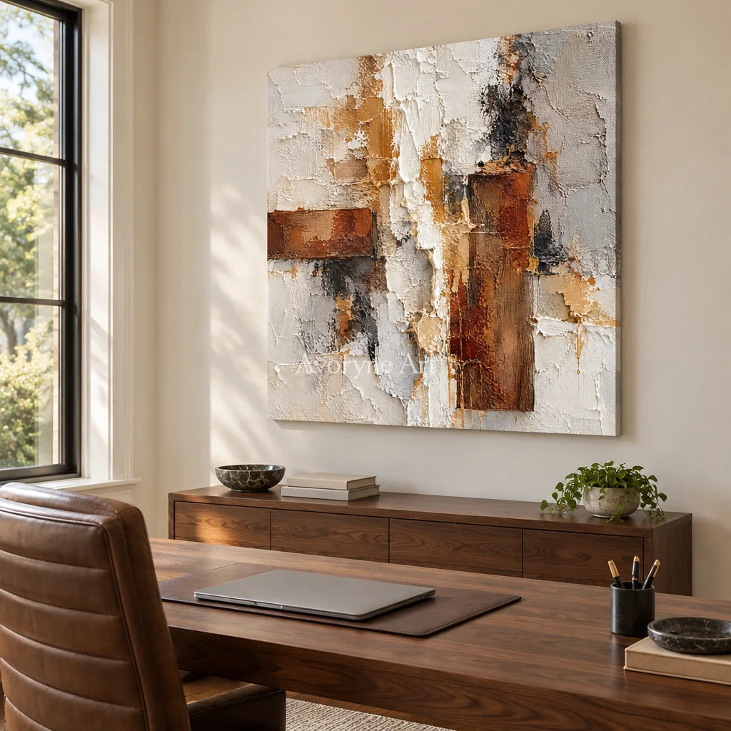 Rust and Chalk: Neutral Abstract Impasto Wall Art — office frameless
