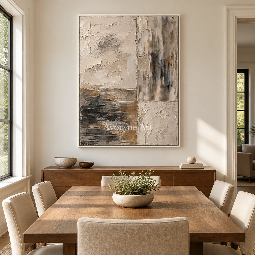 Chalk Divide: Neutral Abstract Texture Wall Art — dining white