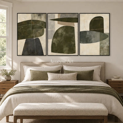 Pebble Cadence: Neutral Abstract Triptych Wall Art — bedroom black