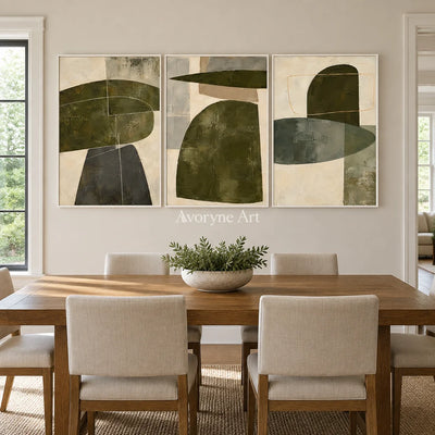 Pebble Cadence: Neutral Abstract Triptych Wall Art — dining white