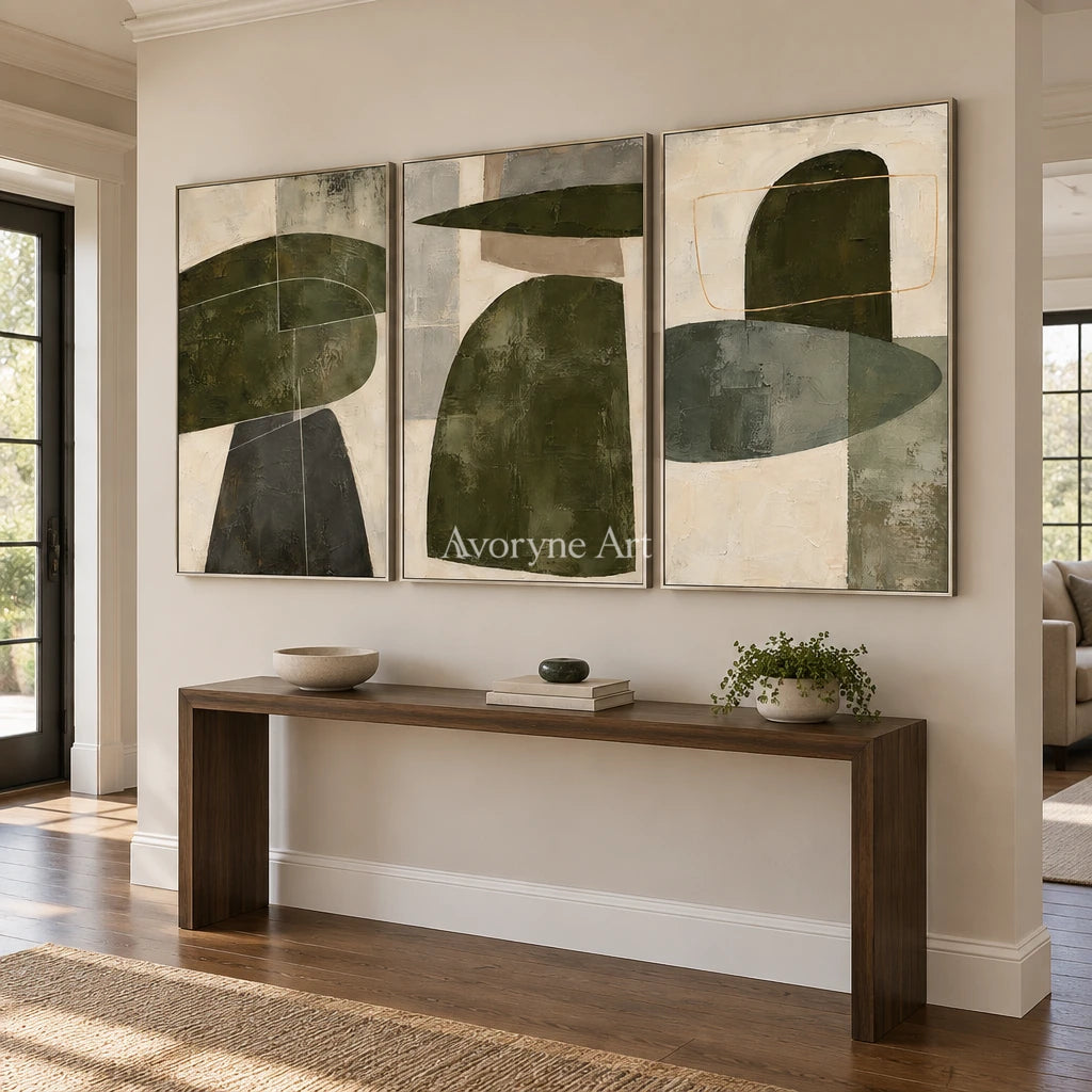 Pebble Cadence: Neutral Abstract Triptych Wall Art — entry silver