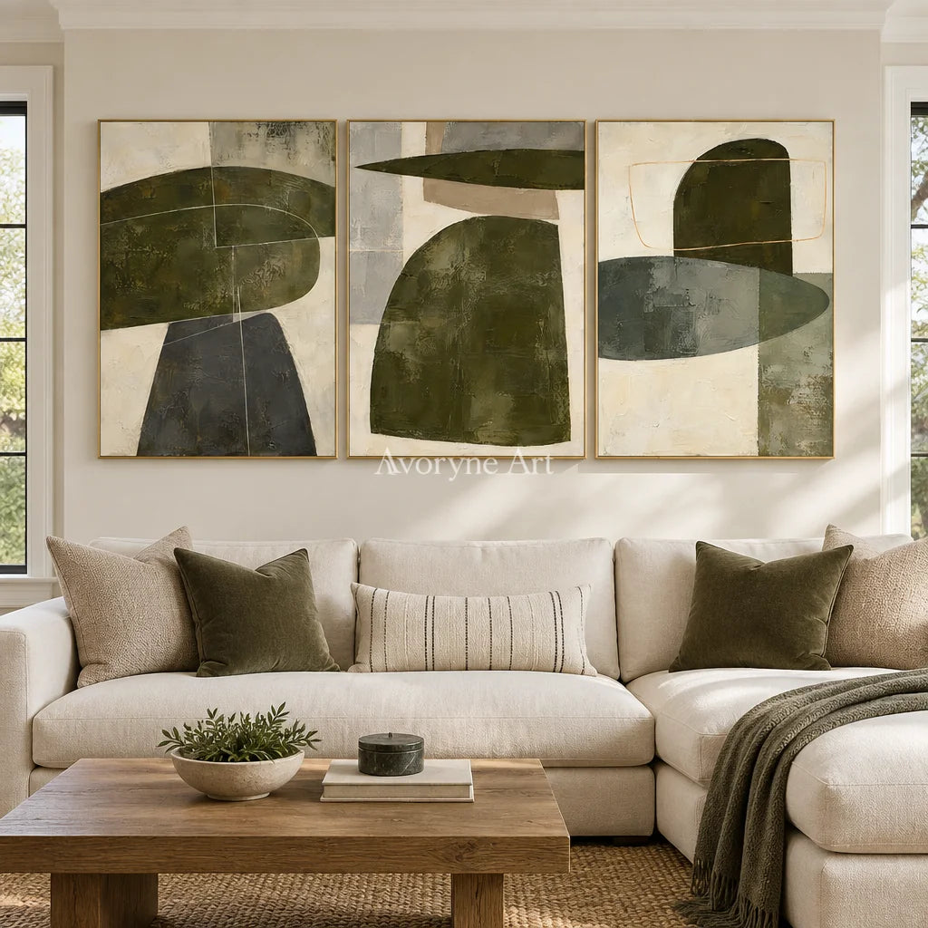 Pebble Cadence: Neutral Abstract Triptych Wall Art — living gold