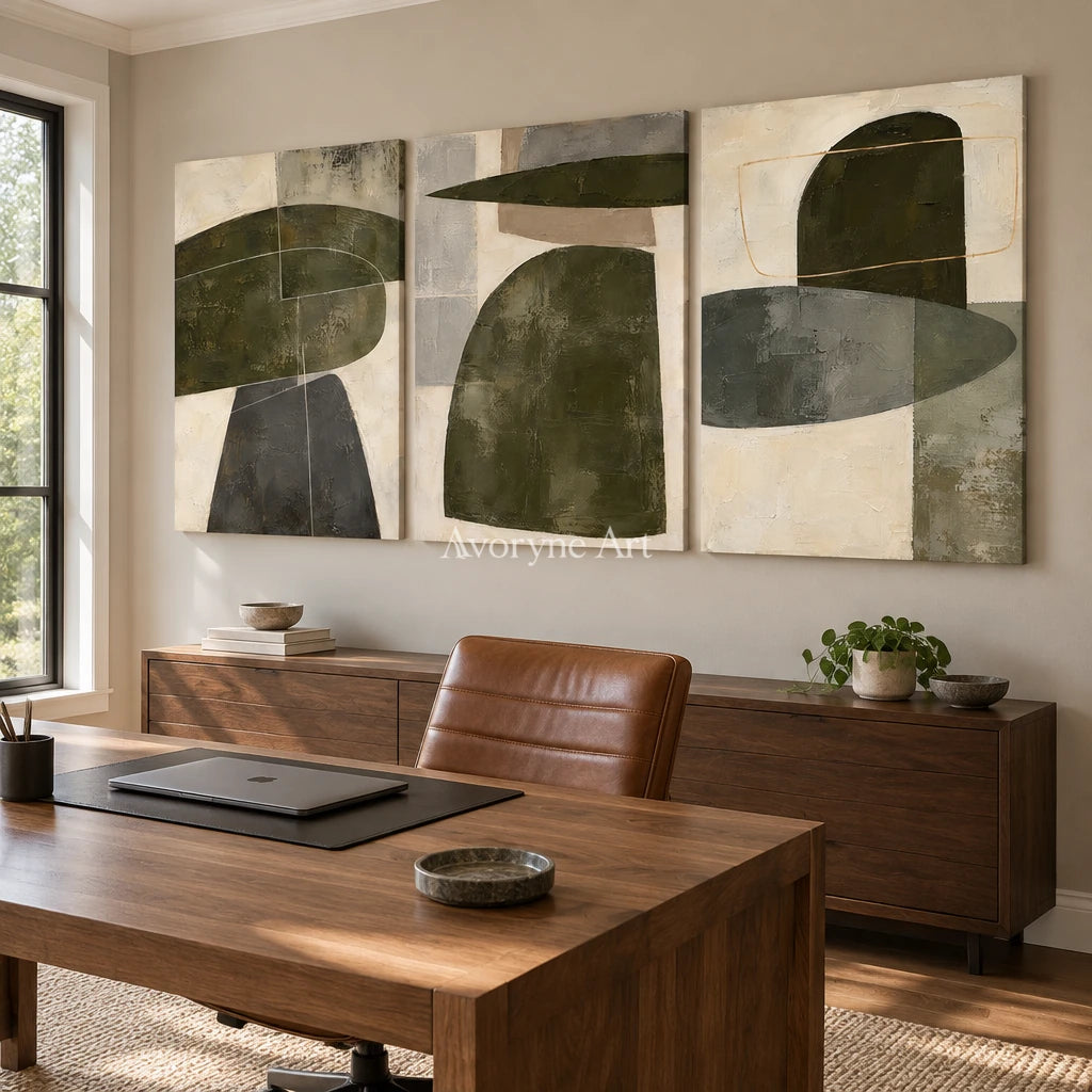 Pebble Cadence: Neutral Abstract Triptych Wall Art — office frameless