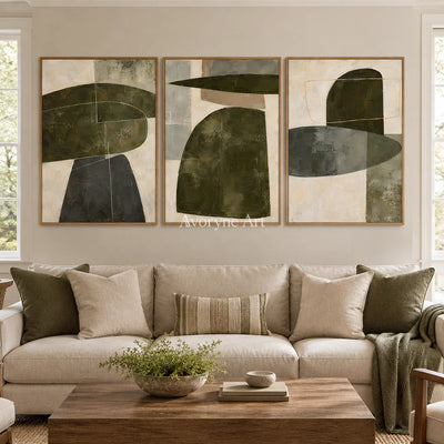 Pebble Cadence: Neutral Abstract Triptych Wall Art — villa wood