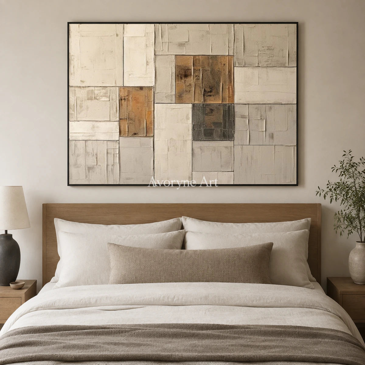 Ochre Assembly: Neutral Architectural Abstract Wall Art — bedroom black