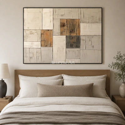 Ochre Assembly: Neutral Architectural Abstract Wall Art — bedroom black