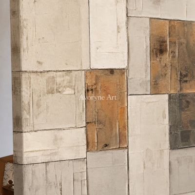 Ochre Assembly: Neutral Architectural Abstract Wall Art — detail easel