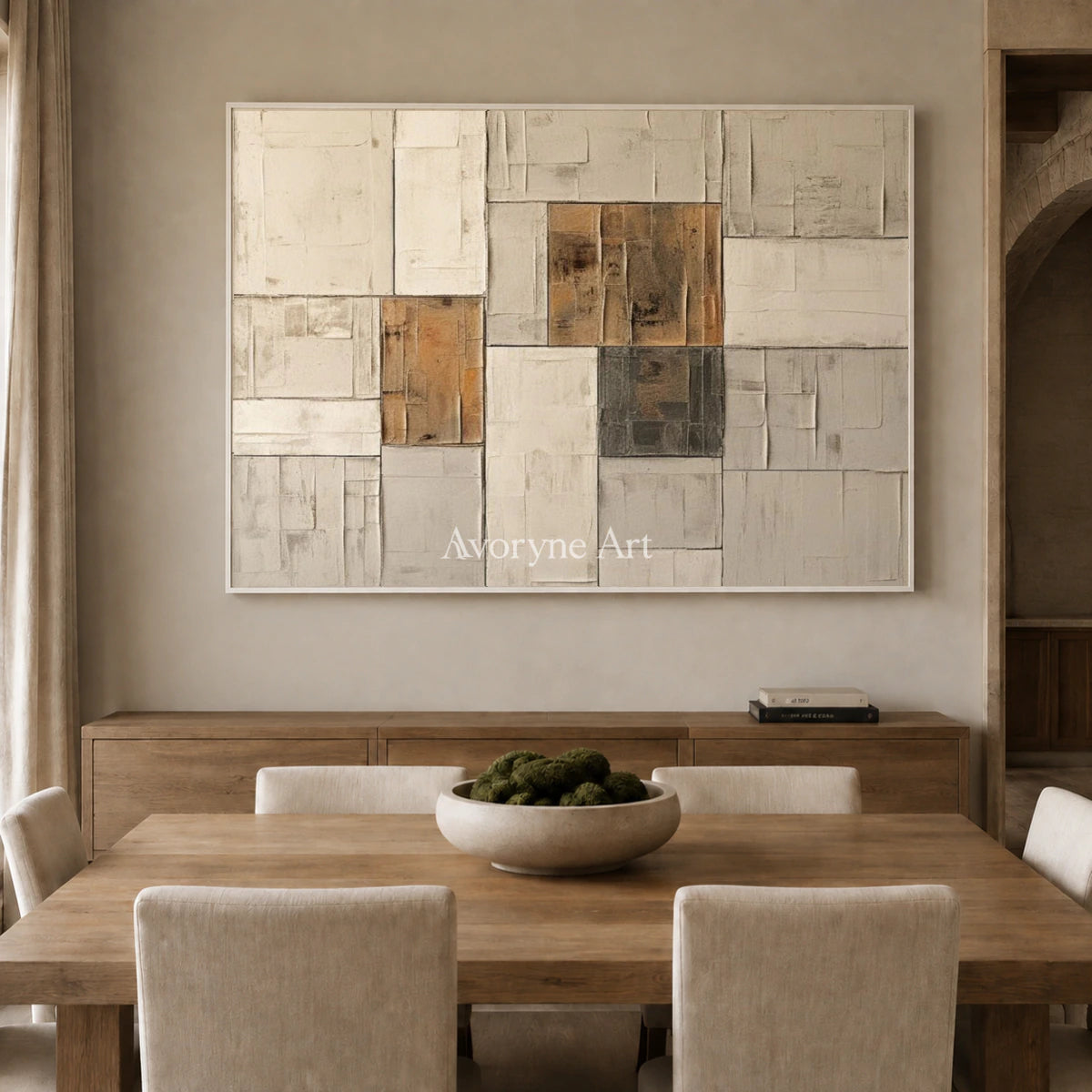Ochre Assembly: Neutral Architectural Abstract Wall Art — dining white