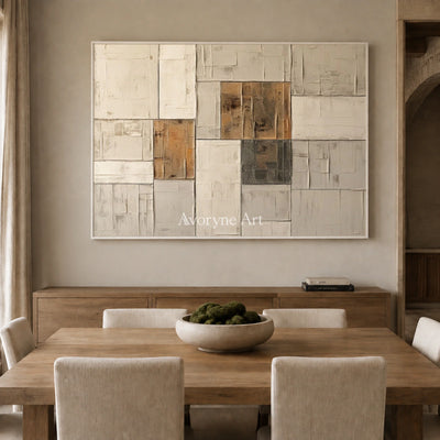 Ochre Assembly: Neutral Architectural Abstract Wall Art — dining white
