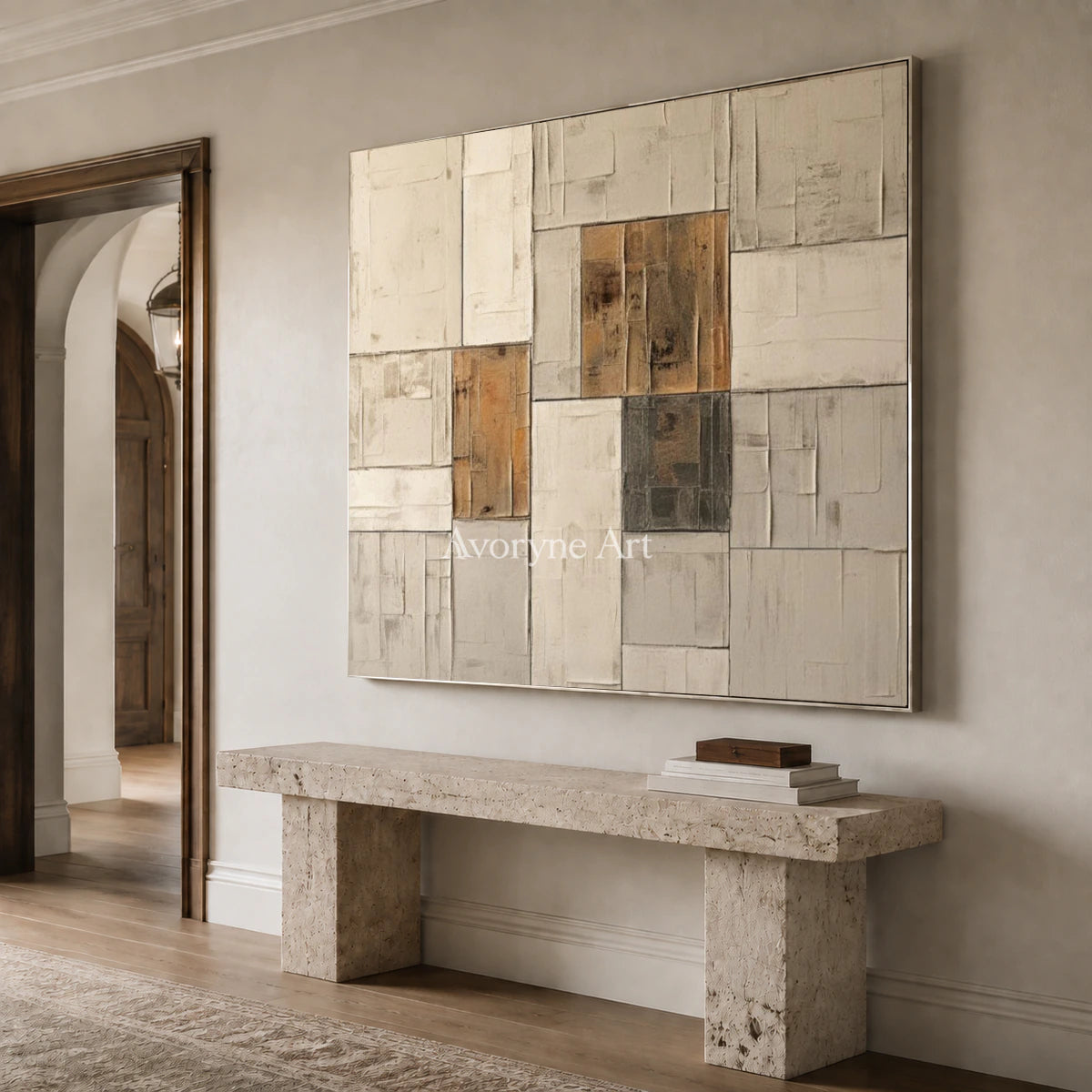Ochre Assembly: Neutral Architectural Abstract Wall Art — entry silver